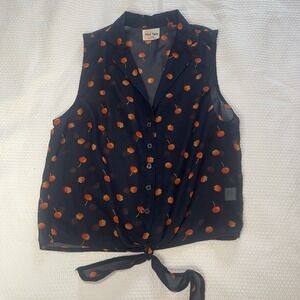 Black Poppy Size Small Women's Sleeveless Button Sheer Blouse Fruit Navy Summer